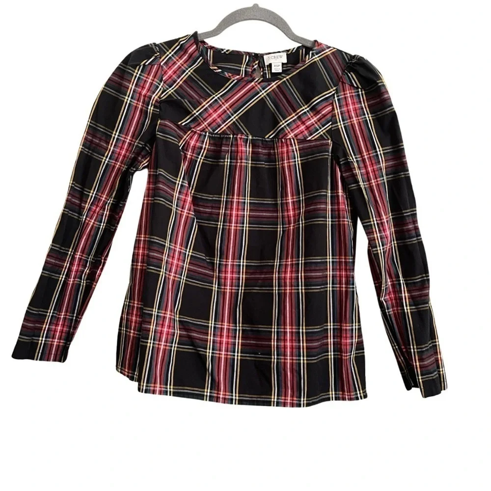 J Crew Women's Christmas Black Tartan Plaid Puff Sleeved Top XS Organic Cotton